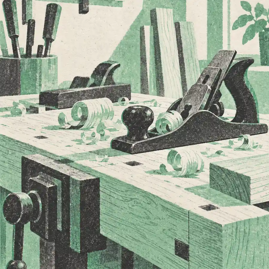 Illustration of woodworking businesses equipment and workspace