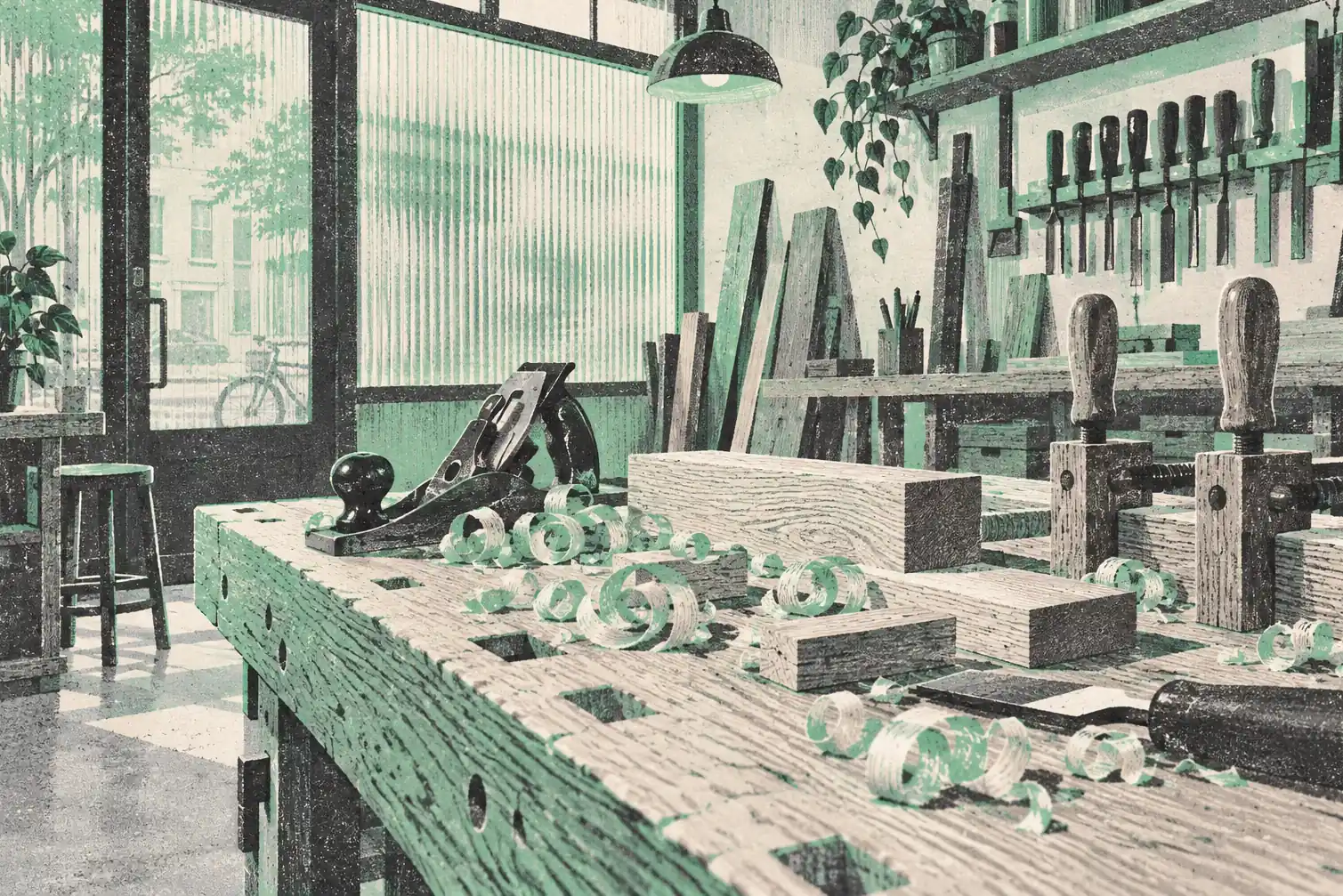 Illustration of woodworking businesses and their working space