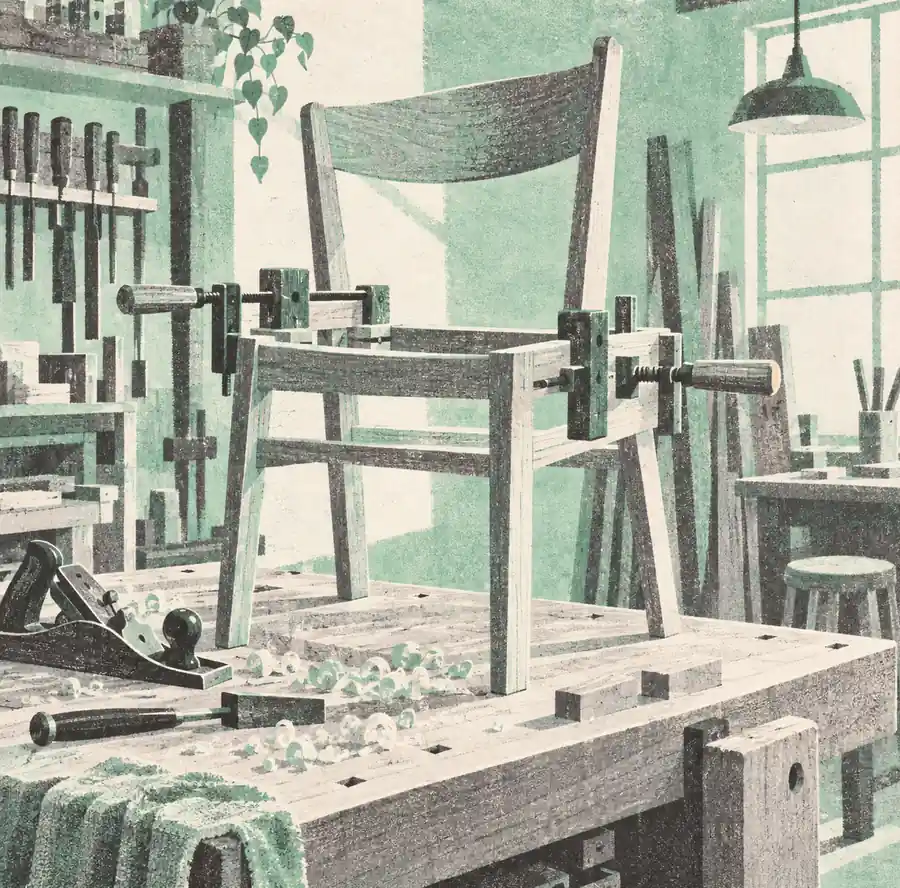 Illustration of woodworking businesses equipment and workspace